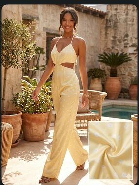 Kittenish Pale Yellow Floral Cutout Halter Jumpsuit